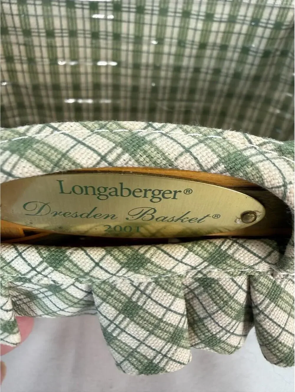 2001 Longaberger Dresden Green Weave Basket w/Plaid Liner & Protector Signed